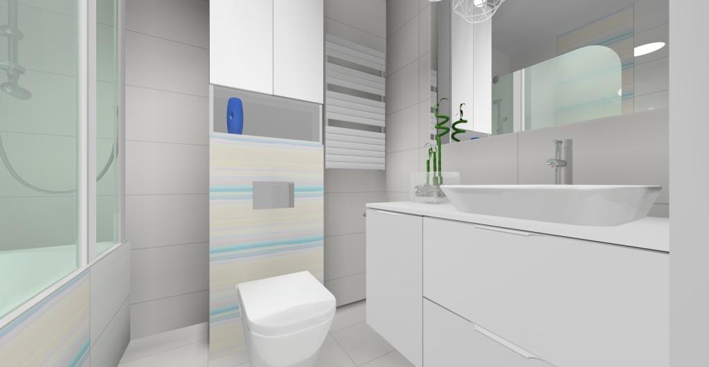 Projekt łazienki, styl nowoczesny, wanna z parawanem, płytki, białe, szare, pastelowe